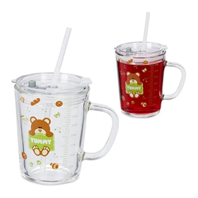 Image of Relaxdays 2X Children&#039;s Cups, 80% Glass Plastic 10% Silicone, 12 x 12.5 9.5 cm