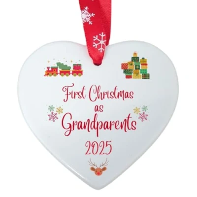 Image of Second Ave First Christmas as Grandparents White Ceramic Hanging Heart Xmas Tree Decoration Bauble