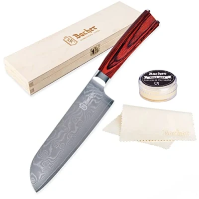 Image of Bacher Santoku Damascus Knife 7 inch Chef Forged from 67 Layers of AUS10V Sharp, Premium Kitchen Japanese Steel with Pakkawood Handle for Easy Cooking and Chopping