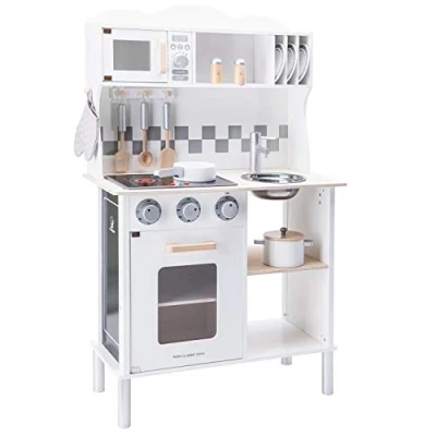 Image of New Classic Toys 11068 Wooden Pretend Toy Kitchen for Kids Included Accessoires Comes Cooking Plate Makes Sound, White, Electric