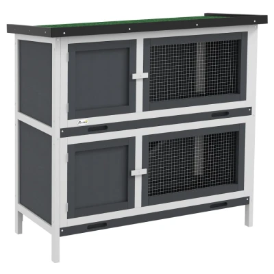 Image of PawHut Double Decker Rabbit Hutch 2 Tier Guinea Pig House Pet Cage Outdoor with Sliding out Tray Asphalt Roof Ramp, 100x47x91cm, Grey