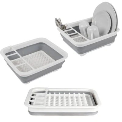 Image of Beldray LA031051 Collapsible Dish Drainer Plastic Sink Drying Rack With Cutlery Divider, Foldable For Compact Storage, Durable Plates, Cups, Pots &amp; Pans, Space Saving Camping, Caravans