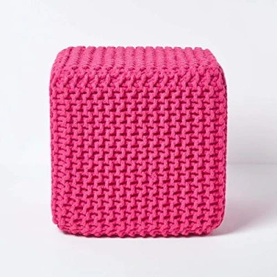 Image of HOMESCAPES Hot Pink Knitted Cube Footstool Bean Filled 100% Cotton for Living Room Children or the Elderly