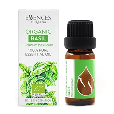Image of Essences Bulgaria Organic Basil Essential Oil 10ml Ocimum basilicum 100% Pure and Natural Undiluted Therapeutic Grade Family Owned Farm Steam Distilled Non GMO Vegan