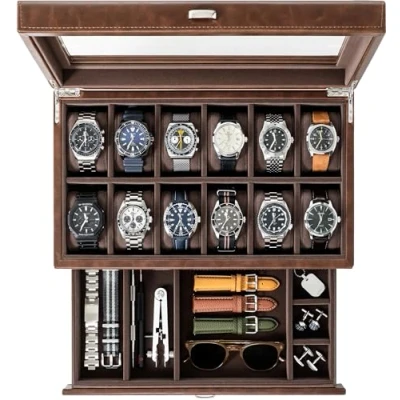 Image of TAWBURY 12 Grid Watch Box for Men Faux Leather Display Case Cases Mens Storage (Brown)