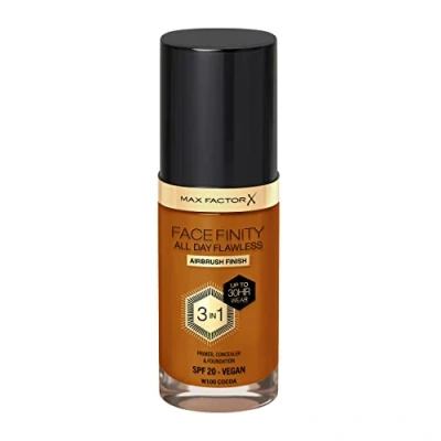 Image of Max Factor Facefinity 3 in 1 All Day Flawless Foundation SPF 20, 100 Cocoa, 30 ml (Packaging May Vary)