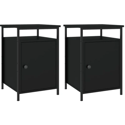 Image of vidaXL Bedside Cabinets 2 pcs Black Engineered Wood Nightstands with Iron Frame, Ample Storage, 40x42x60 cm
