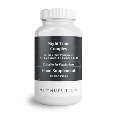 Image of Hey Nutrition Night Time Complex with 100mg L Tryptophan, Chamomile &amp; Lemon Balm Natural Supplement for Sleep Relaxation Non GMO, 60 Vegetarian Capsules