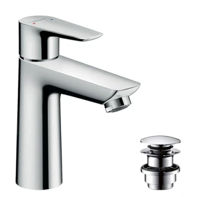Image of hansgrohe Talis E bathroom tap with push open waste set, sink spout height 110 mm, basin mixer water saving (EcoSmart), chrome