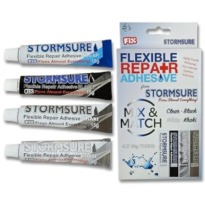 Image of Stormsure Adhesive Variety Pack: 4 x 15g Tubes in Clear, Black, Khaki, White The Ultimate Repair Kit