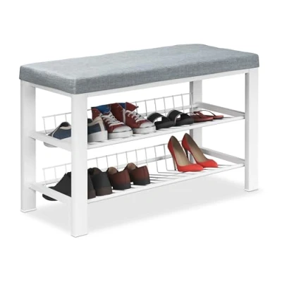 Image of Relaxdays Shoe Bench, 2 Levels, Shoeshelf with Seat, Upholstered, 50.5 x 82 33 cm, for Hallway or Bedroom, Grey/White, Fibreboard, m