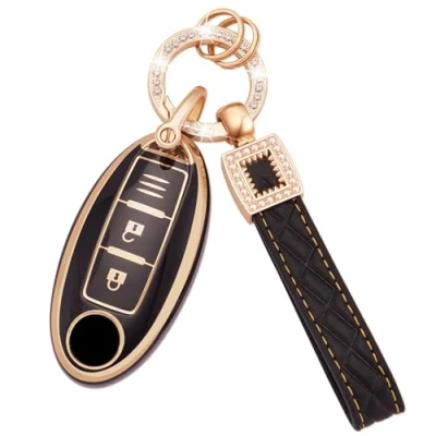 Image of Koaudb Key Fob Cover Fit for Nissan 350Z Qashqai Murano X Trail Kicks Tiida Micra Pathfinder Note Juke 3 Buttons Case Soft TPU Shells with Leather Keychain Lanyard Black Gold (BP Nisn 3)