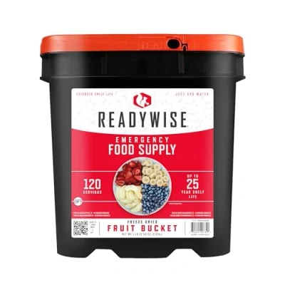 Image of ReadyWise, 120 Servings, Fruit Bucket, Freeze Dried, Banana, Strawberry, Apple, Peach, 20 Years Shelf Life, Emergency Food