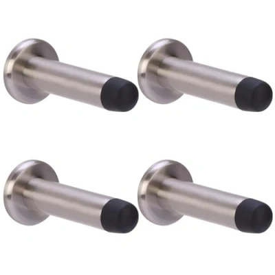 Image of HANDLEZONE® 4 Pack 75mm / 3 inch Projecting Skirting Or Wall Mounted Door Stop, Concealed Fixing, Rubber Buffer Stopper Satin Nickel