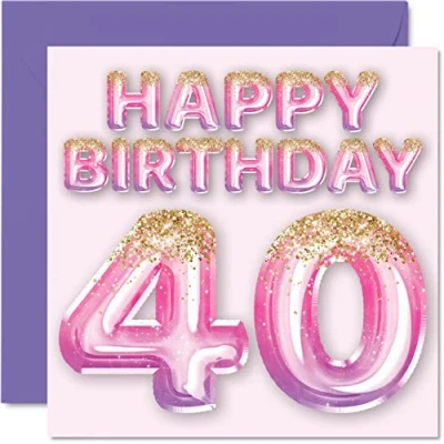Image of 40th Birthday Card for Women Pink &amp; Purple Glitter Balloons Happy Cards 40 Year Old Woman Mum Cousin Friend Sister Auntie, 145mm x Forty Fortieth Bday Greeting Gift
