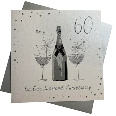 Image of white cotton cards On Our Diamond Wedding, Large Handmade 60th Anniversary Card (Champagne &amp; Chocolates)