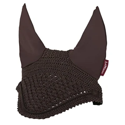 Image of LeMieux Vogue Fly Hood in Brown with Close Knit Crochet High Density Ear Fabric Comfortable Fit Sport Horse Wear Medium