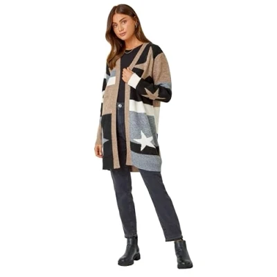 Image of Roman Originals Women Cardigan Ladies Longline Coatigan Tassel Open Front Cardi Winter Autumn Casual Textured Edge to Yarn Patterned Comfy Work Going Out Tan Grey Size 18