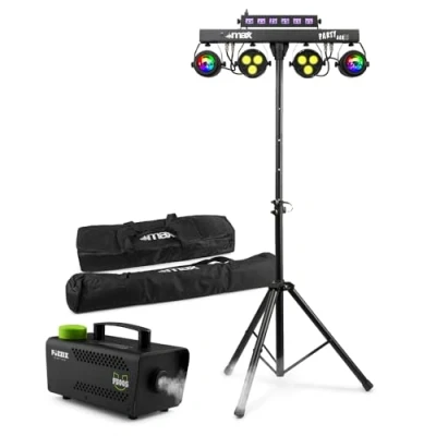 Image of Max Partybar10 dj Disco Light Package with F500S Fog Machine &amp; Case, PAR Lights, Jelly Moon, UV/Strobe, DMX Control, Tripod Stand, Remote, and Carry Bags for Parties Events bar