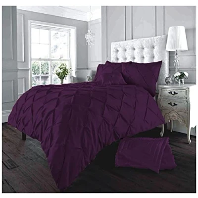 Image of GC GAVENO CAVAILIA Pintuck Duvet Cover Sets, Pinch Pleat Bedding Quilt Covers, Polycotton Bed Covers Breathable Double Set With Pillowcases Aubergine