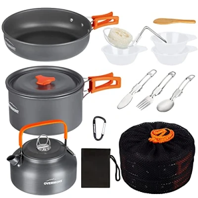Image of OVERMONT Camping Cookware Set Outdoor Cooking Kettle Mess Kit Pots Pans Ultralight Portable for Backpacking Hiking Picnic Fishing Mountaineering