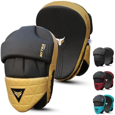 Image of Mytra Fusion Boxing Pads Curved Kickboxing MMA, Muay Thai, Martial Arts, Punching, Karate Training Mitts (Black/Gold)