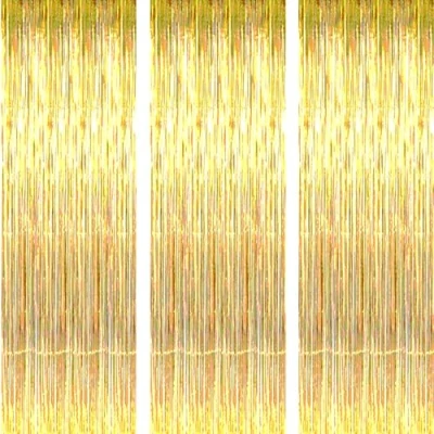 Image of AILEXI 3 Pack 3ft*8ft Metallic Tinsel Curtains Foil Fringe Shimmer Streamers Curtain Door Window Decoration for Party Supplies Gold