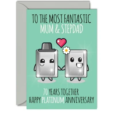 Image of Cute Platinum Anniversary Card for Mum &amp; Step Dad 70 Years Together Happy 70th Wedding Cards Mum, A5 Greeting Seventieth Anniversaries