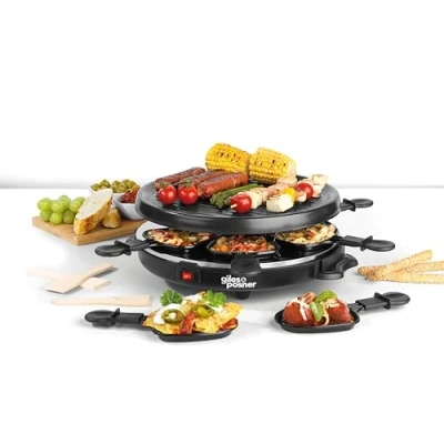 Image of Giles &amp; Posner EK4511G Electric Round Non Stick Raclette Grill Indoor Tabletop 6 Person Raclette, Pans, Includes Spatulas, Approx. Plate Size 29 cm, 800 W, Party Food Machine, Buffet