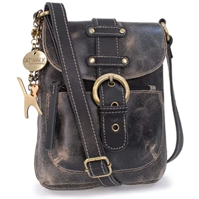 Image of Catwalk Collection Handbags Ladies Small Cross Body Bag Messenger Distressed Leather Adjustable Shoulder Strap JOLENE Black