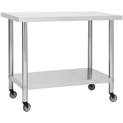 Image of vidaXL Kitchen Work Table with Wheels, 100x60x85 cm, Stainless Steel Construction, Extra Storage, Easy Clean Surface, Ideal for Commercial Spaces