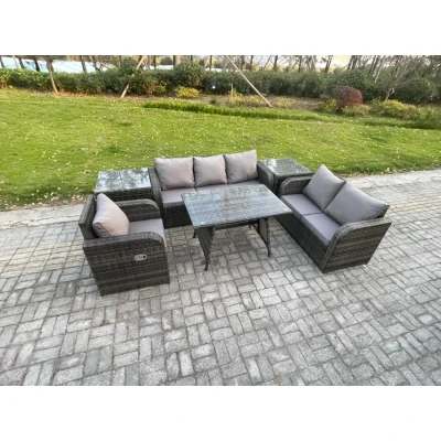 Image of 6 Seater Outdoor Rattan Garden Furniture Set Patio Lounge Sofa with Dining Table 2 Side Tables Dark Grey Mixed Fimous