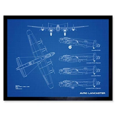 Image of Artery8 Avro Lancaster Bomber Aircraft Plane Blueprint Plan Art Print Framed Poster Wall Decor 12x16 inch