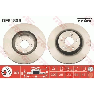 Image of 45251S9AE50, 45251SCAE50, 45251SMTE00 Brake disc TRW DF6180S 300mm 25mm 5 100mm Vented Painted HONDA: CIVIC 8 Hatchback, CR V 2