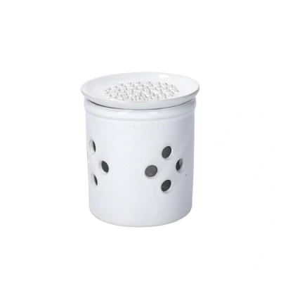 Image of KitchenCraft Idilica Stoneware Garlic Holder with Grater Lid, Cream Ceramic Container Vented Holes and Unglazed Base