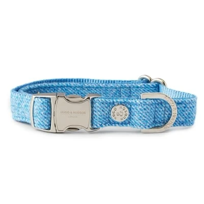 Image of HUGO &amp; HUDSON Tweed Dog Collar, Luxury Adjustable Quick Release Safety Metal Buckle, Blue, XS