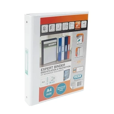Image of Elba A4 4 O Ring Binder, 25mm capacity, 30mm spine, Presentation Folder with Customisable Cover, Portrait, White (Single)