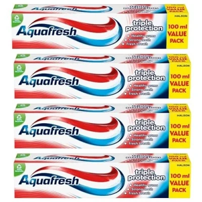 Image of 4 Pack Bundle Aquafresh Triple Protect Toothpaste (4X 100ml). A Hadco with Bamboo Toothbrush Included.
