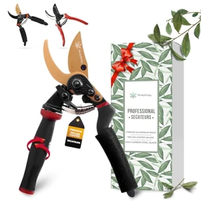 Image of NickyPicky Secateurs Heavy Duty Rotating Bypass Teflon Coated, Pruning Secateurs, with SK5 Blade Garden Clippers Ergonomic Handle EVA Sponge, Pruners, for Trimming &amp; Shearing Black
