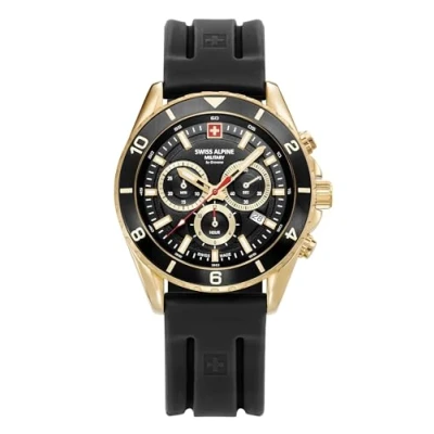 Image of swiss alpine military Men&#039;s Watch Analogue Quartz Chronograph 7034.9 Silicone, Gold/Black/Black 9817sam