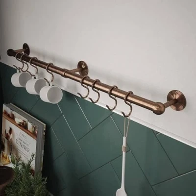 Image of Rothley Easy Fit 60cm Kitchen Utensil Rail Kit in Antique Copper Wall Mounted &amp; Mug Holder