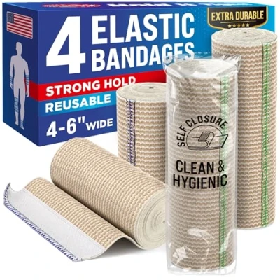Image of Premium Compression Bandage 4pk (2x10cm + 2x15cm) Self Closing Elastic Wrap Washable &amp; Reusable Elasticated Waist, Legs, Elbow, Knee