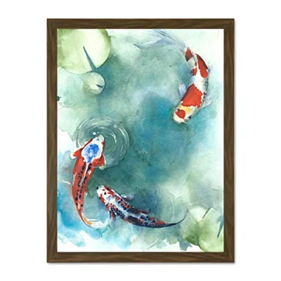 Image of Wee Blue Coo Japanese Koi Fish With Lilies Large Framed Art Print Wall Poster 18x24 inch