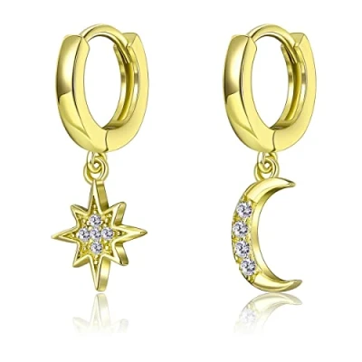 Image of Womens Moon Star Dangle Small Hoop Cubic Zirconia Earrings Girls Sterling Silver Crystal Asymmetrical Snowflake Crescent Drop Mini Cartilage Clip Jewelry Delicate Birthday Gifts (Gold)