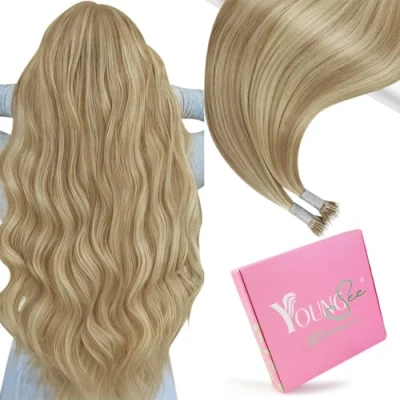 Image of YoungSee Nano Beads Hair Extensions Blonde Warm Ash Highlights Bleach Ring Extension Tip for School Cold Fusion 14in 50s 50g