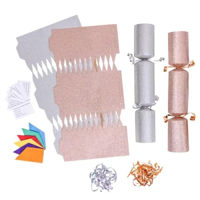 Image of evelay 12 Make Your Own Christmas Cracker Kit DIY Rose Gold &amp; Silver Glitter Crackers Hats Snaps Jokes (Rose Gold, Silver)