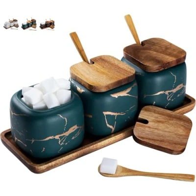 Image of TELANKS Sugar Pot Set, 3 Pcs Seasoning Container with Lid, 360ml/12oz Spice ceramic Jars, Salt (Green)