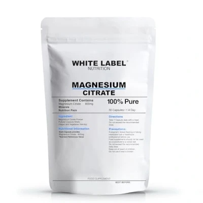 Image of White Label Nutrition Magnesium Citrate Supplement High Potency 30 Capsules 800mg UK Made GMO Free