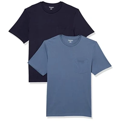 Image of Amazon Essentials Men&#039;s T Shirt Regular Fit Short Sleeve Crewneck Pocket, Pack of 2, Dark Blue/Navy, M