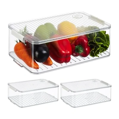 Image of Relaxdays Fridge Organiser, Set of 3, Refrigerator Inserts, Lid &amp; Date, Kitchen, HxWxD: 10.5 x 21 33 cm, Transparent